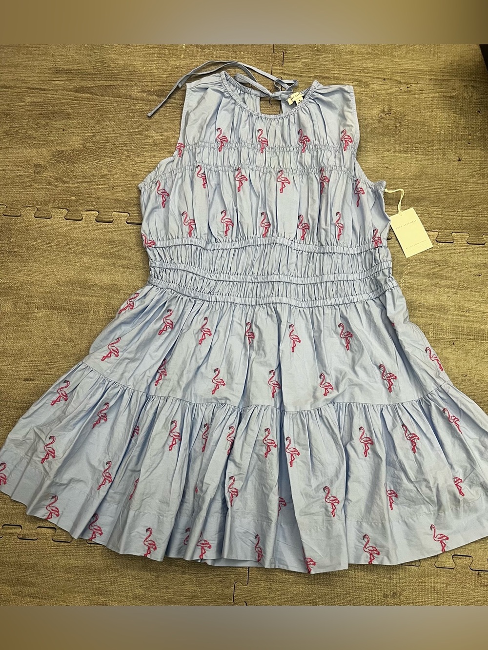 Free Assembly Light Blue Flamingo Embroidered Smocked Sleeveless Knee Dress